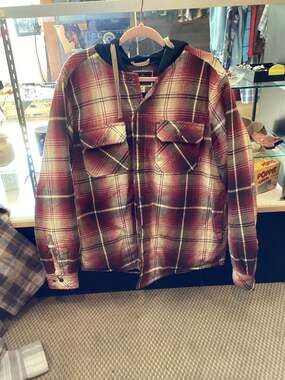 Medium Men's Hooded Cotton Flannel Shirt Jacket Red Plaid